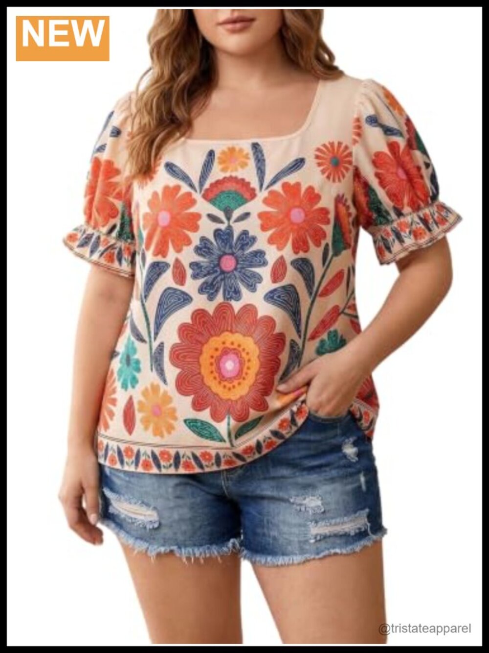 Plus Size Boho Floral Ruffle Puff Sleeve Square Neck Blouse
